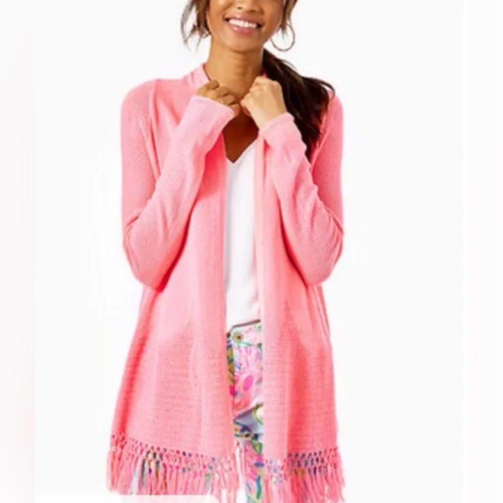 Lilly Pulitzer Tatum Long fringe pink tropics cardigan size xxs nwt